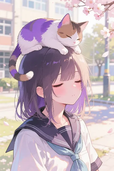 桜舞う道の猫乗り少女