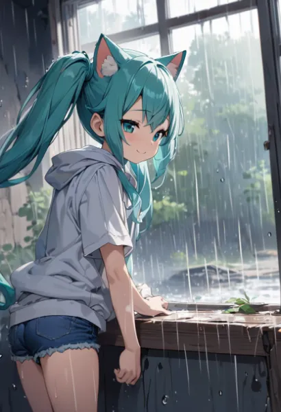 雨宿りする猫娘