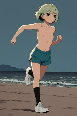 夜の海岸でトップレスジョギング