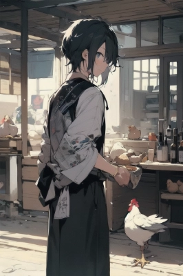 庭には2(?)羽にわとりがいる