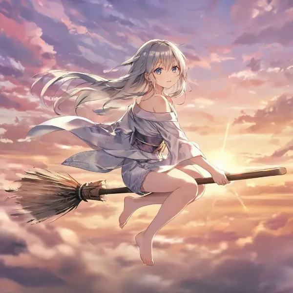 夕焼け空を駆ける銀髪の魔女