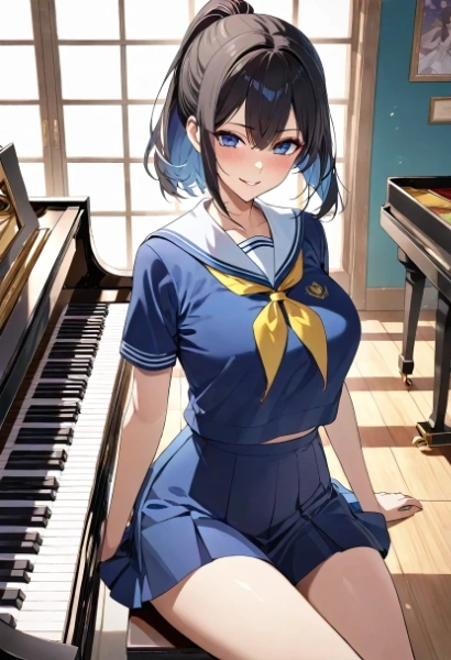 音楽室でピアノの前に座るポニーテールの同級生