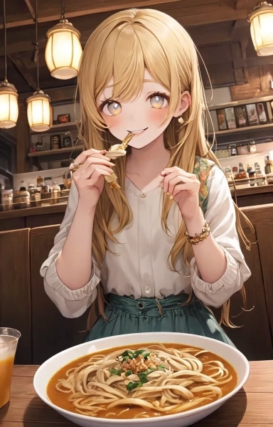 カレーうどんを食する金色の髪の少女