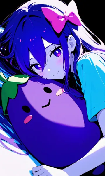 茄子を抱く紫髪の女の子