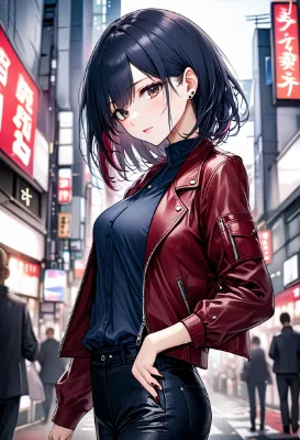 ワインレッドのジャケットのお姉さん