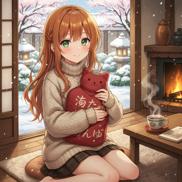 冬のぬくもり、湯たんぽ猫と少女のひと時