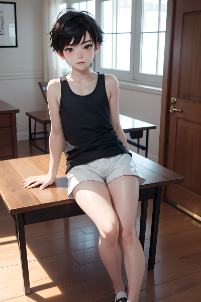 机に座る少年