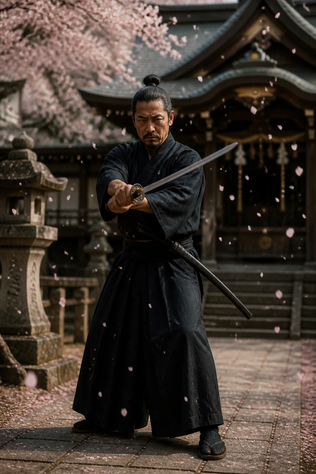 Samurai in chūdan-no-kamae stance, both hands gripping the katana correctly. 
Au
