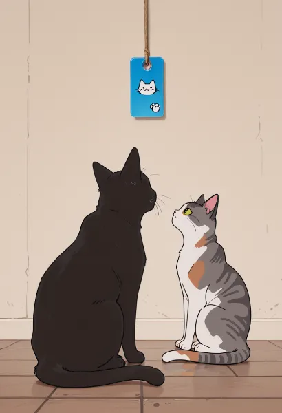 吊り下げられた謎のタグと猫たちの好奇心