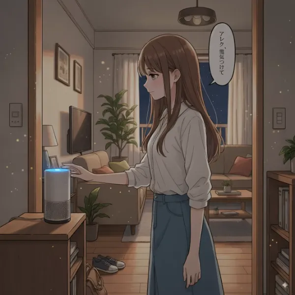夜の部屋でAIに問いかける少女