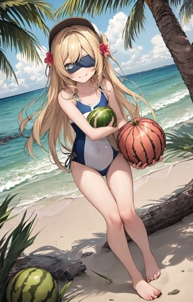 ビーチで佇む金色の髪の少女