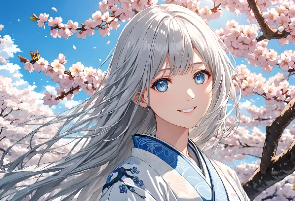 桜の下の白髪少女
