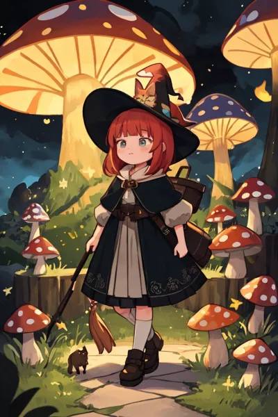 光るキノコの森をゆく小さな魔女