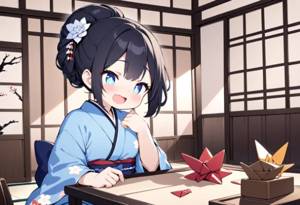 折り紙と着物姿の少女