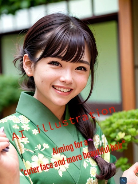 サイドローポニーの美少女は、緑の“着物”テイストな衣装で