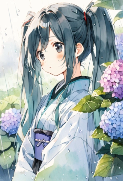 紫陽花と雨の少女