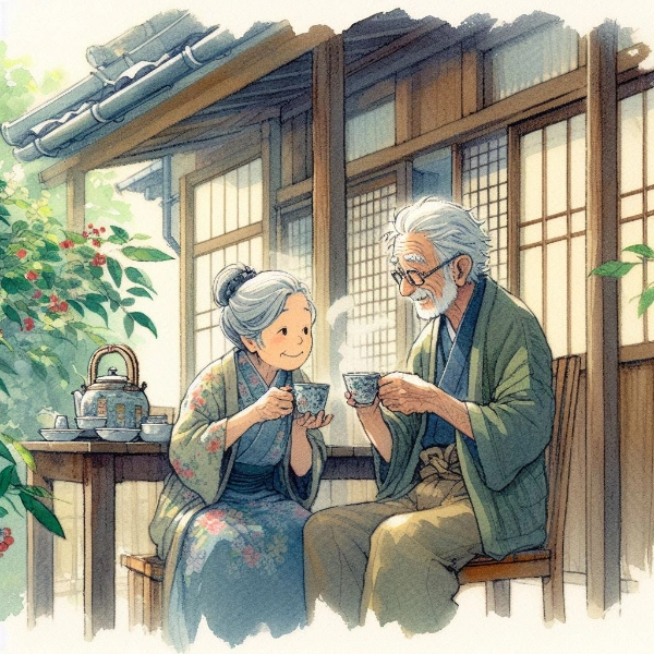 仲良くお茶する老夫婦