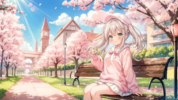 桜舞うベンチの穏やかな午後