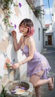 ピンク髪の少女と紫の花