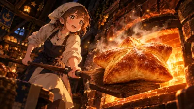 魔法のパン屋の看板娘｜星のパンが焼き上がる瞬間と石窯の温かい光に包まれた王道ファンタジー