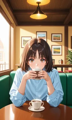 昭和レトロな喫茶店でコーヒーを飲む女性