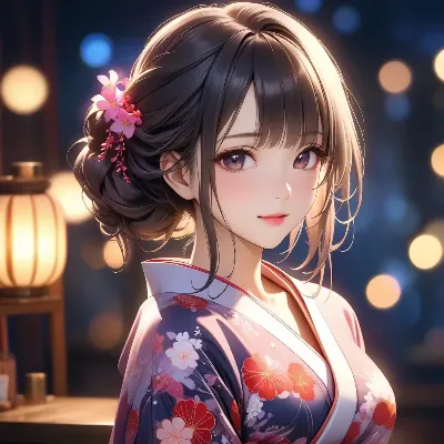 幻想的な花明かりの着物少女