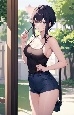 キャミソールを着てホットパンツをはいた20代美女