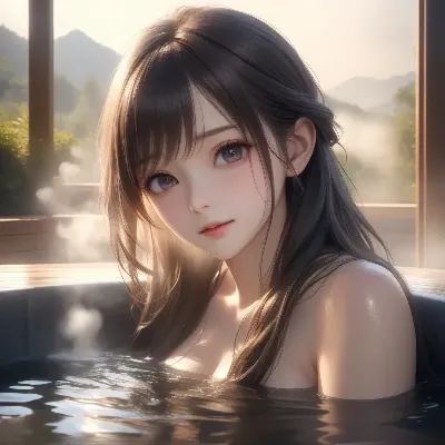 朝霧に浮かぶ温泉の少女