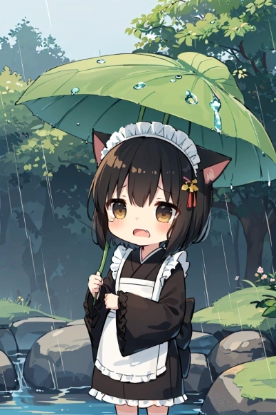 こんにゃ葉っぱの傘じゃ頼りにゃいニャー(TOT)