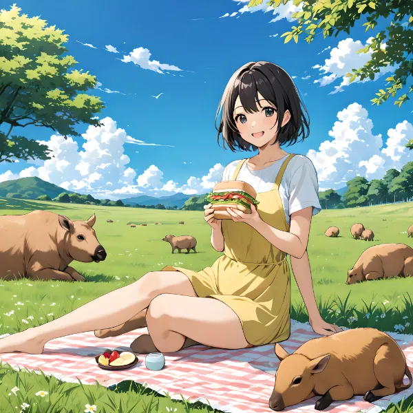 カピバラと草原ピクニック