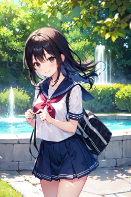 噴水の前で
