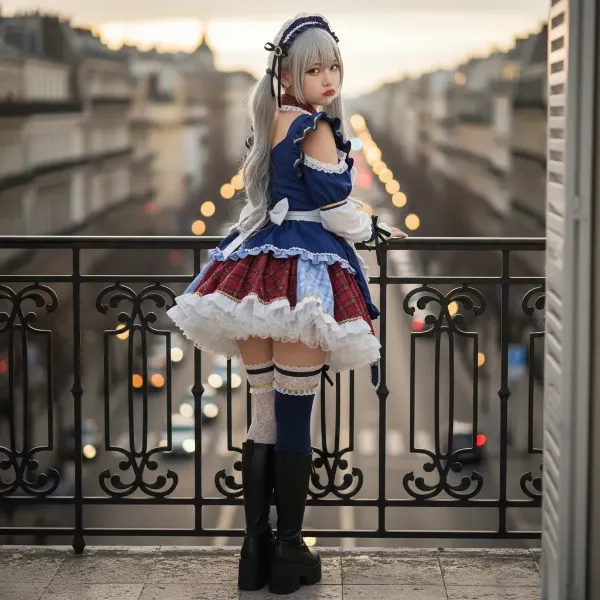 パリの夕暮れに佇む銀髪メイド