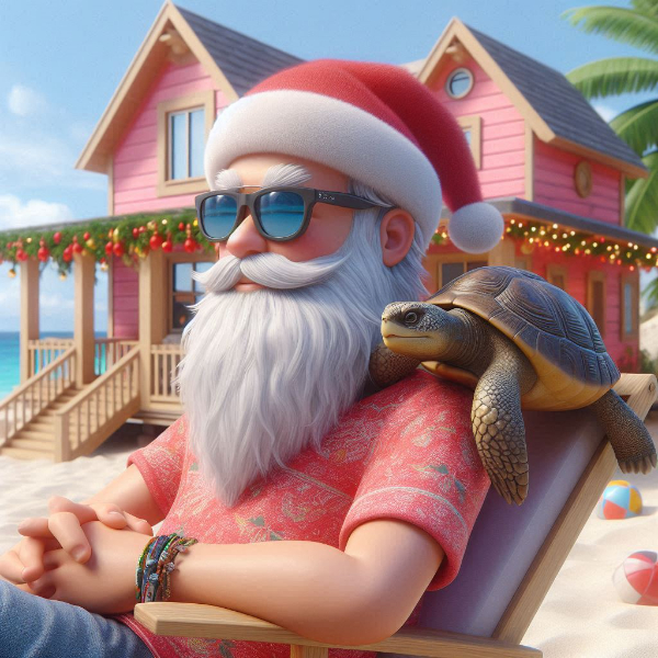 亀と一緒に海を眺めているサンタ