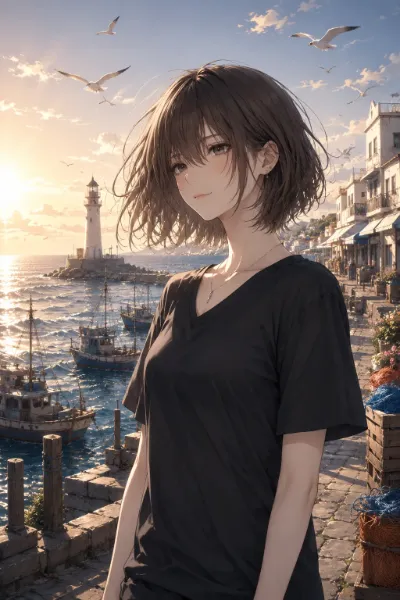 夕陽の港で微笑む海辺の少女