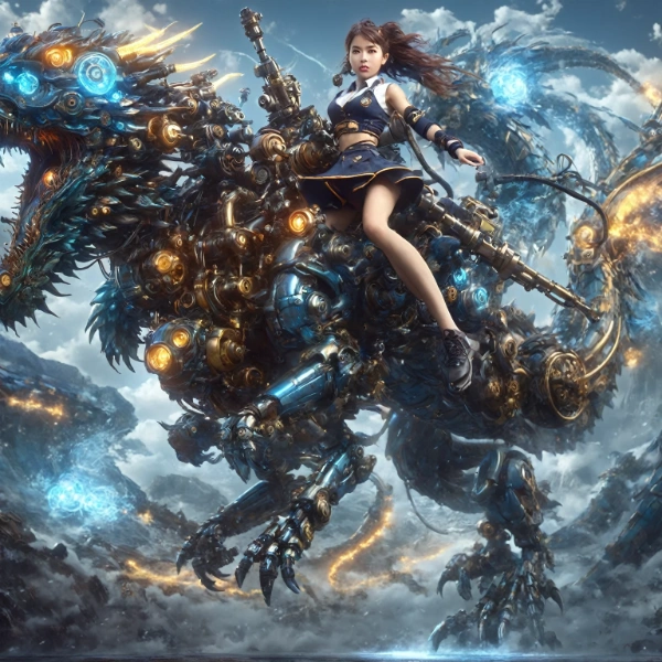 機械ドラゴンに乗る少女