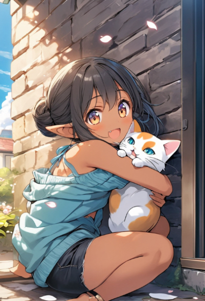 外でじゃれあうエルフさんとにゃんこ