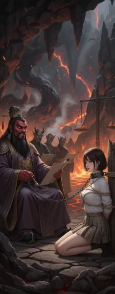 閻魔裁判　閻魔大王と白いブラウスの罪女