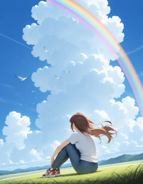 虹の下で風に吹かれる少女の夢
