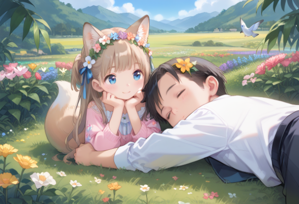 斎藤さんとコン子・お花畑にて