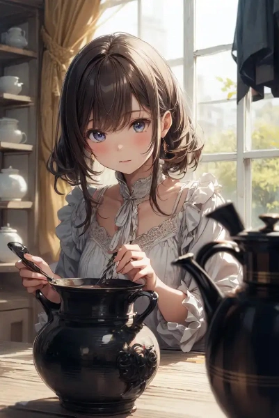 鍋を掻き回す少女
