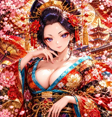 月下桜に微笑む花魁