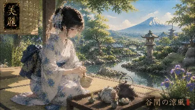 富士を望む谷間の茶室で
