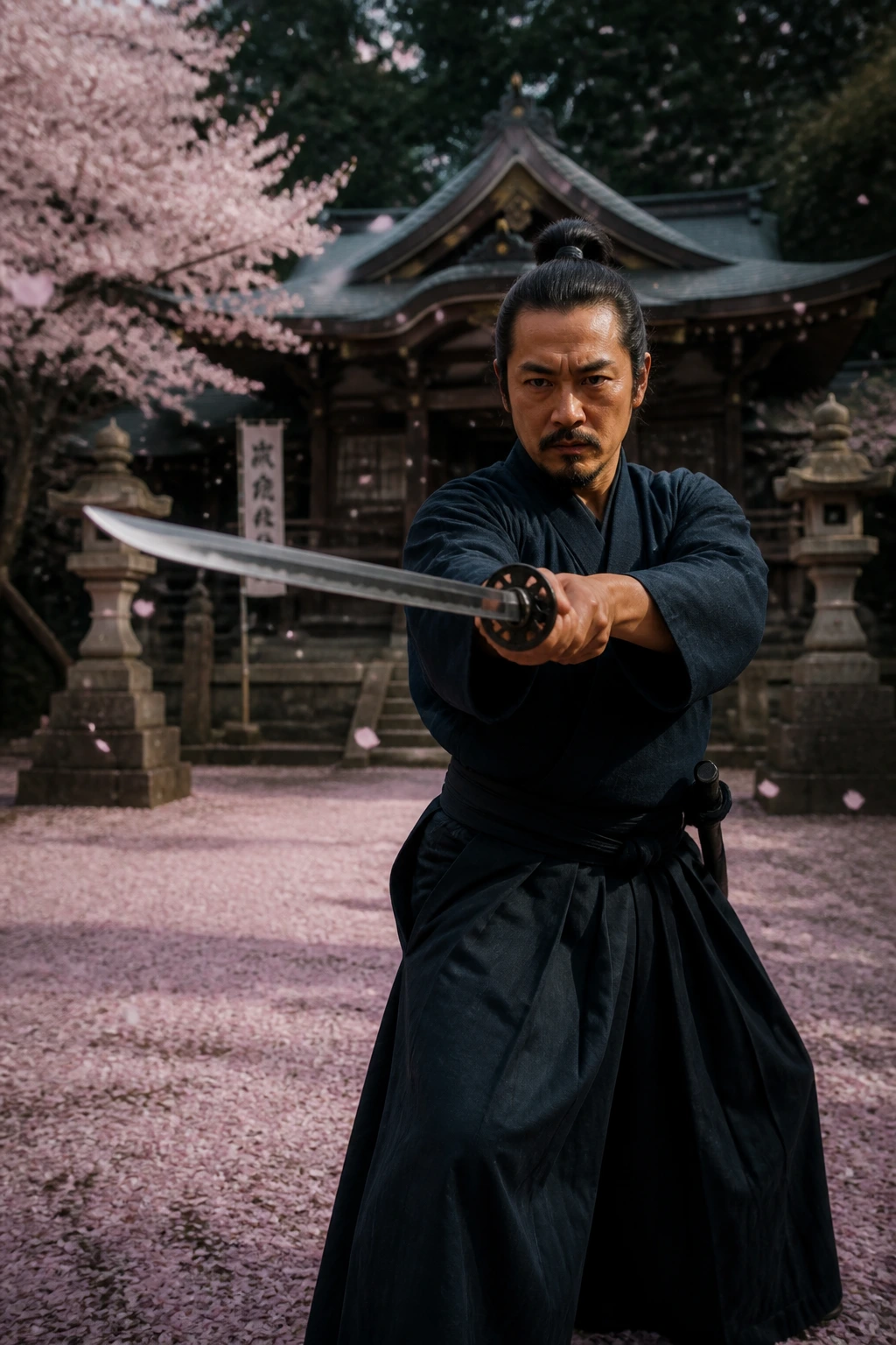 Samurai in chūdan-no-kamae stance, both hands gripping the katana correctly. 
Au