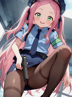 ノーパン黒ストッキング警官コスプレろりっ娘