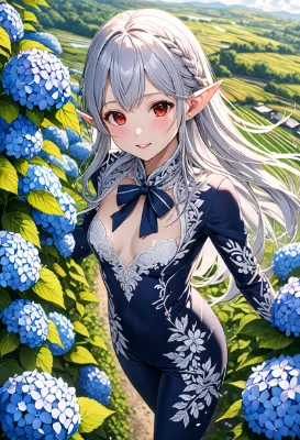紫陽花の丘で微笑む銀髪のエルフ