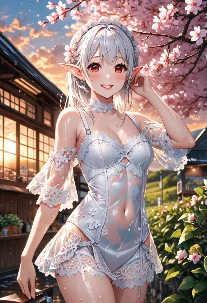 桜舞う夕暮れのエルフの微笑み