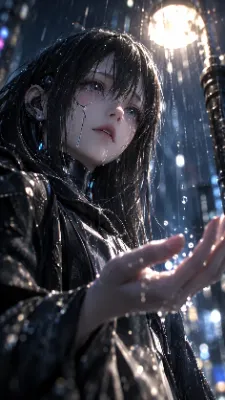 雨に濡れる電脳都市｜街灯に照らされる黒髪のサイバー少女と、冷たくも美しいディストピアSF