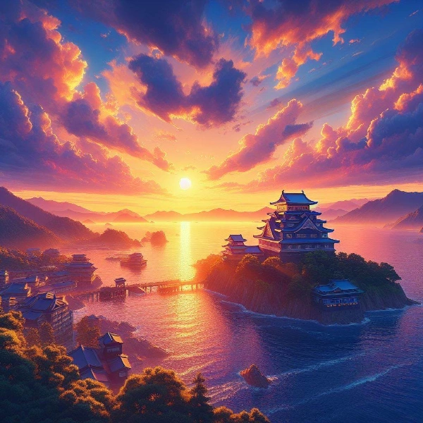 離島の城郭の夕日