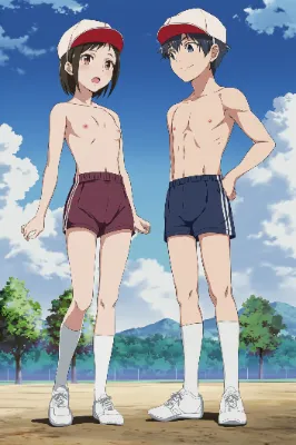 上半身裸に体操着の短パンの男子女子