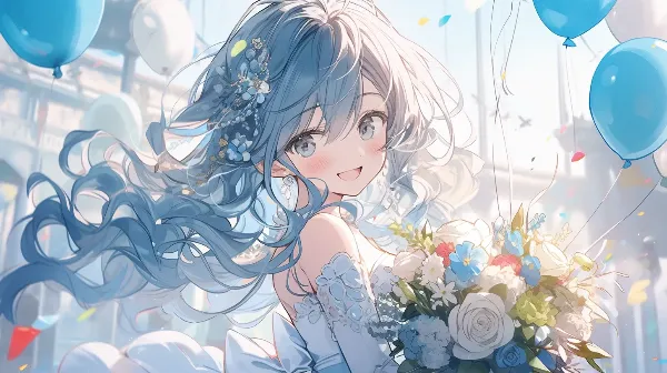 風に舞う青い髪の祝福の瞬間
